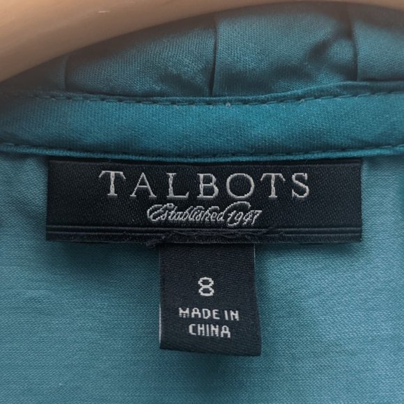 Talbots Teal Ruffle Neck Cotton/Silk Blouse - Sz 8 - Picture 6 of 12